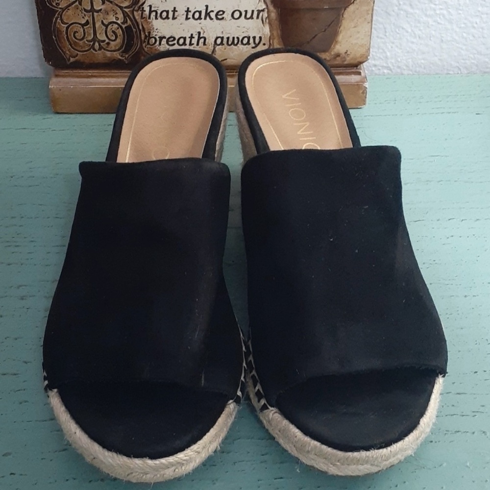 Vionic Black Suede Rope Wedge Heels